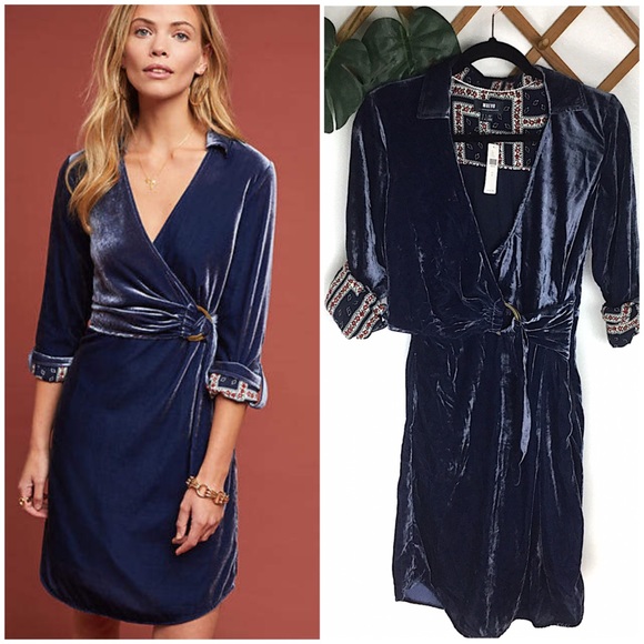 anthropologie blue velvet dress